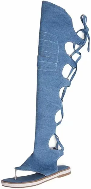 Women's Knee High Gladiator Sandals Denim Flat Sandals Roman Shoes Open Toe Strappy Boots Thong Sandals