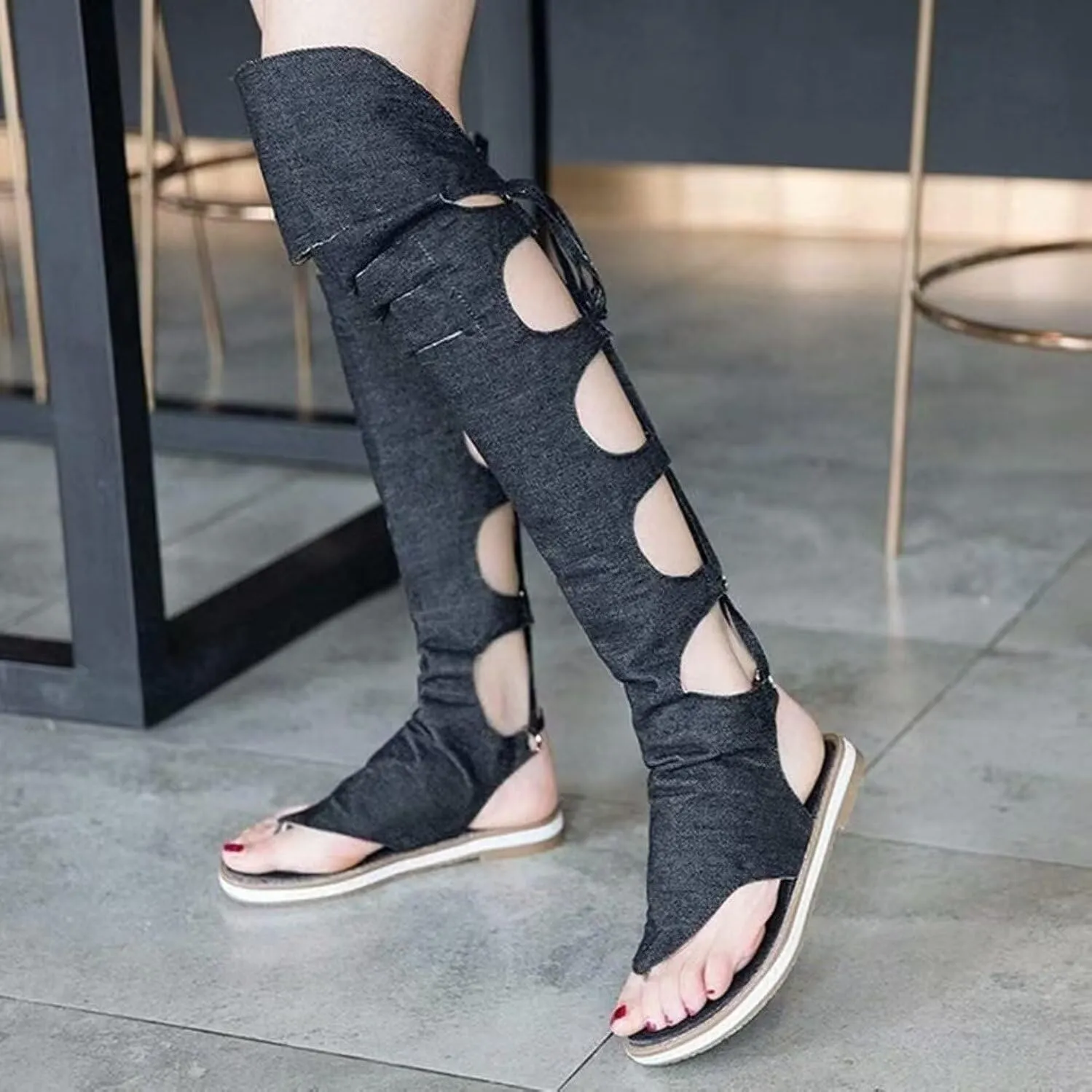 Women's Knee High Gladiator Sandals Denim Flat Sandals Roman Shoes Open Toe Strappy Boots Thong Sandals