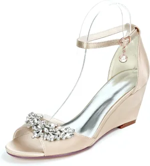 Womens Ladies Wedge Sandals Elegant Rhinestone Satin Ankle Strap High Heels Evening Party Bridal Wedding Prom Pumps