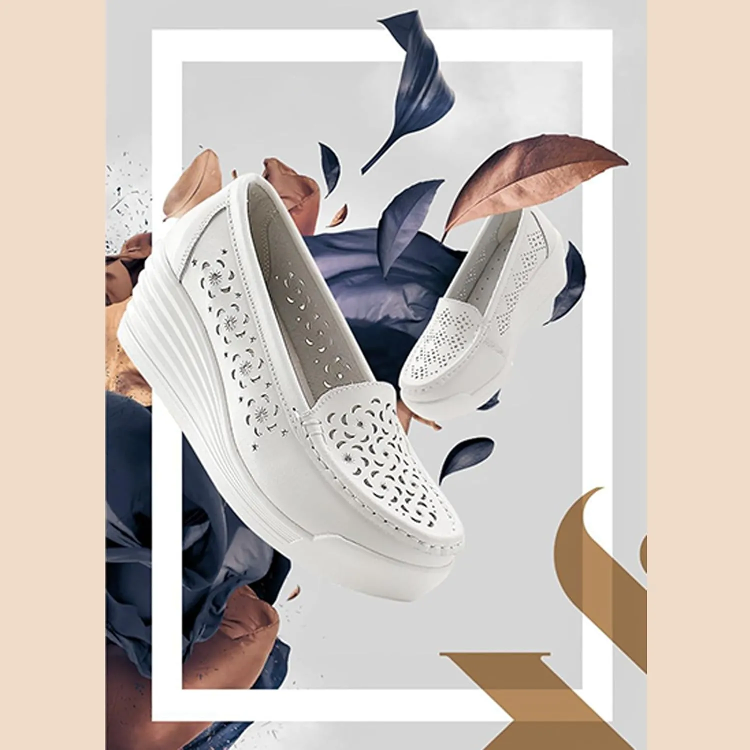 Women's Leather Breathable Wedge Heel Nurse Loafers Comfortable Round Toe Platform Non-Slip Hollow Breathable Slip-On Work Shoes Mother Shoes