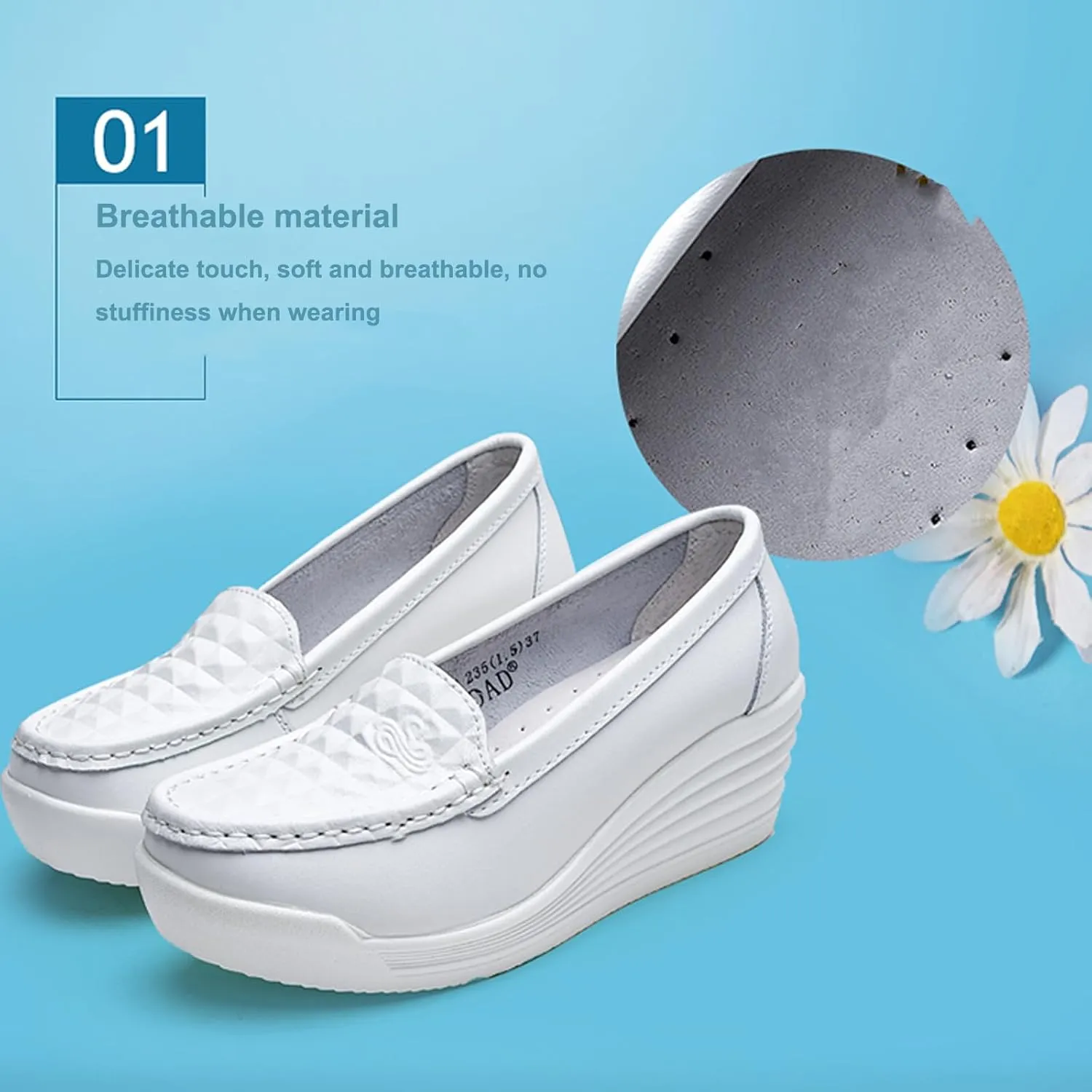 Women's Leather Breathable Wedge Heel Nurse Loafers Comfortable Round Toe Platform Non-Slip Hollow Breathable Slip-On Work Shoes Mother Shoes