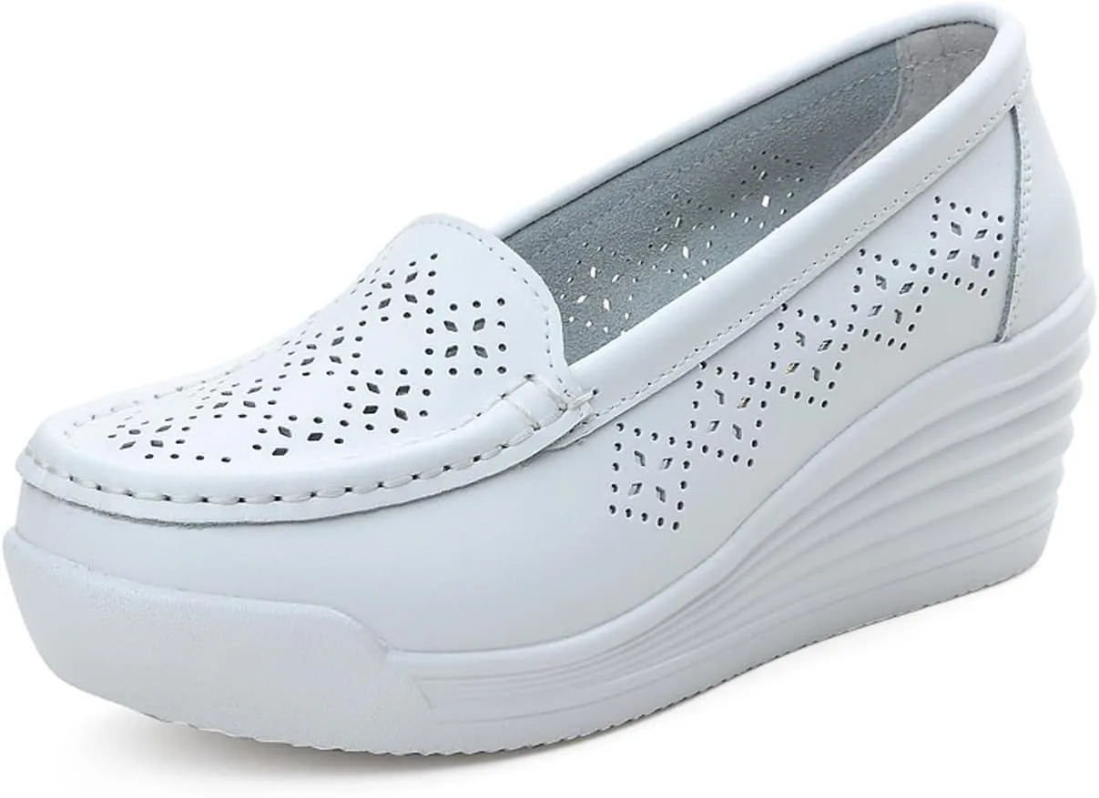 Women's Leather Breathable Wedge Heel Nurse Loafers Comfortable Round Toe Platform Non-Slip Hollow Breathable Slip-On Work Shoes Mother Shoes