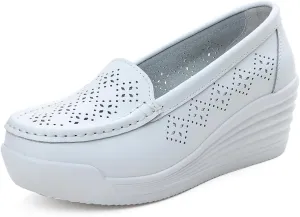 Women's Leather Breathable Wedge Heel Nurse Loafers Comfortable Round Toe Platform Non-Slip Hollow Breathable Slip-On Work Shoes Mother Shoes