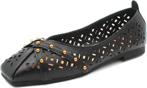 Women'S Leather Rivet Hollow Out Square Toe Flats Fashion Slip On Comfortable Soft Sole Low Chunky Heel Flat Ballet Shoes for Work Wedding Party Dress