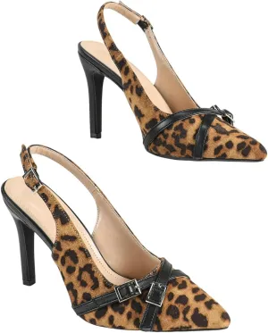 Women's Leopard-Print High-Heel Sandals | Pointed-Toe Pink Faux-Suede Strap Pumps with Metal Buckles | Slender Heel Party Date Shoes | 2025 Trendy Bold & Sweet Dress Heels