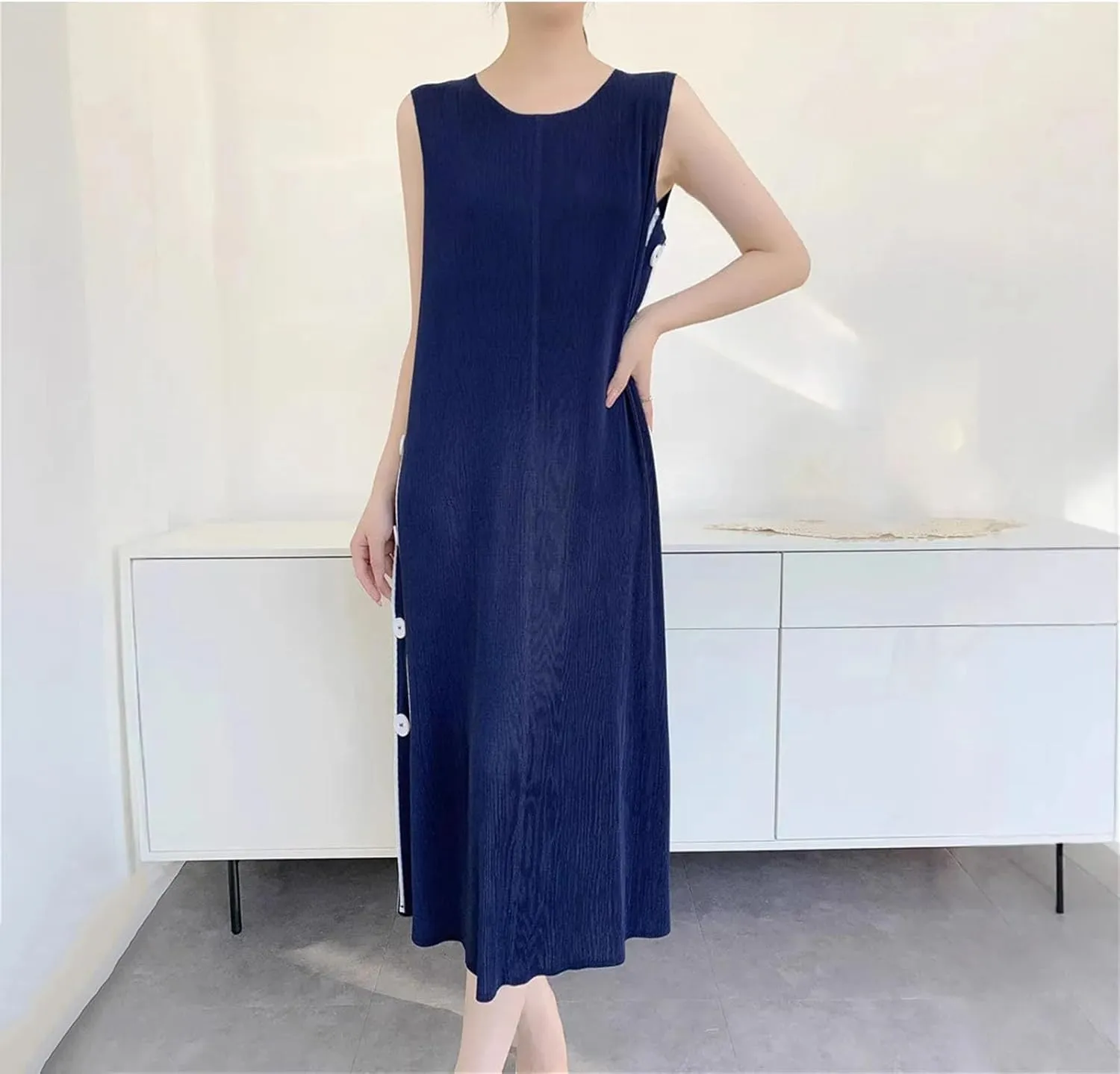 Women's Long Dress Elegant Pleated Skinny Printed Double-Side Buttons Sleeveless Vestidos
