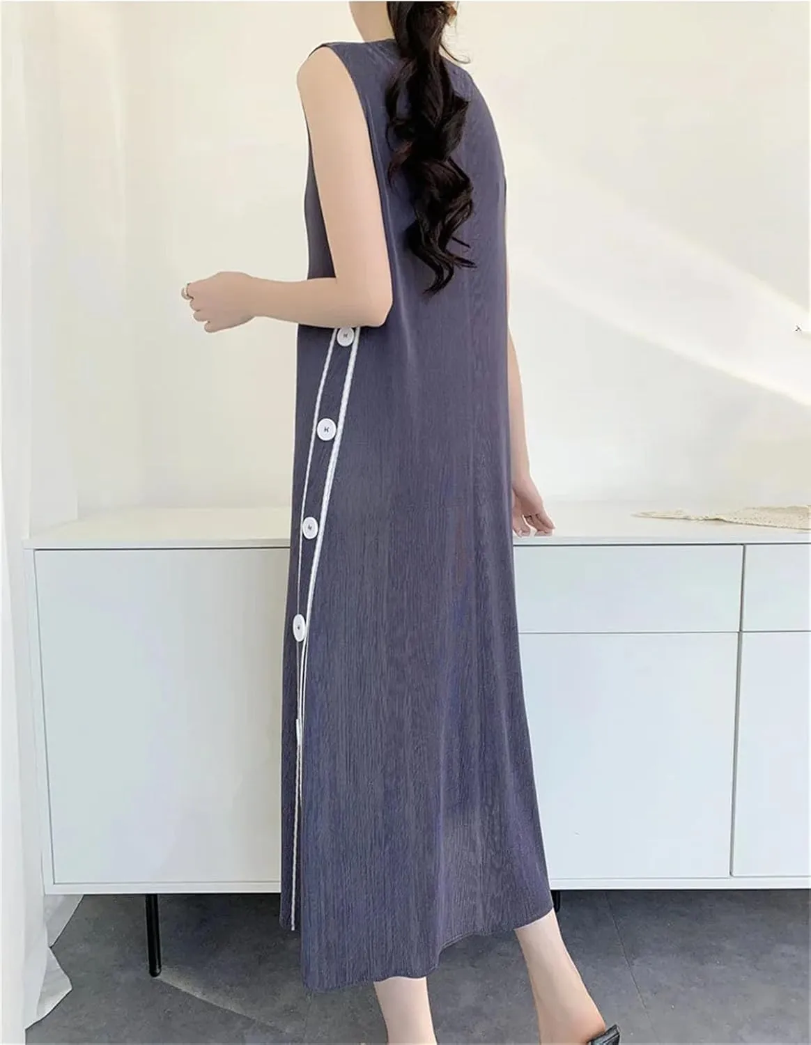 Women's Long Dress Elegant Pleated Skinny Printed Double-Side Buttons Sleeveless Vestidos