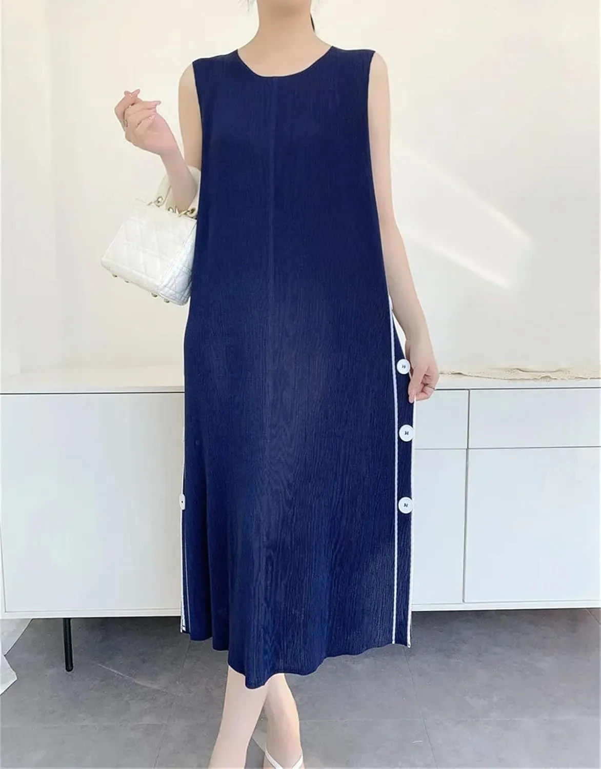 Women's Long Dress Elegant Pleated Skinny Printed Double-Side Buttons Sleeveless Vestidos