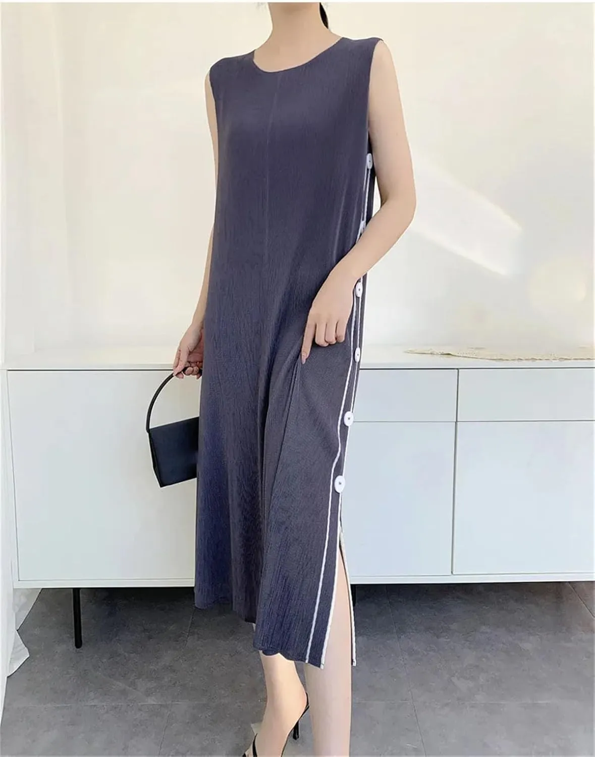 Women's Long Dress Elegant Pleated Skinny Printed Double-Side Buttons Sleeveless Vestidos