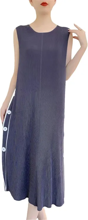 Women's Long Dress Elegant Pleated Skinny Printed Double-Side Buttons Sleeveless Vestidos