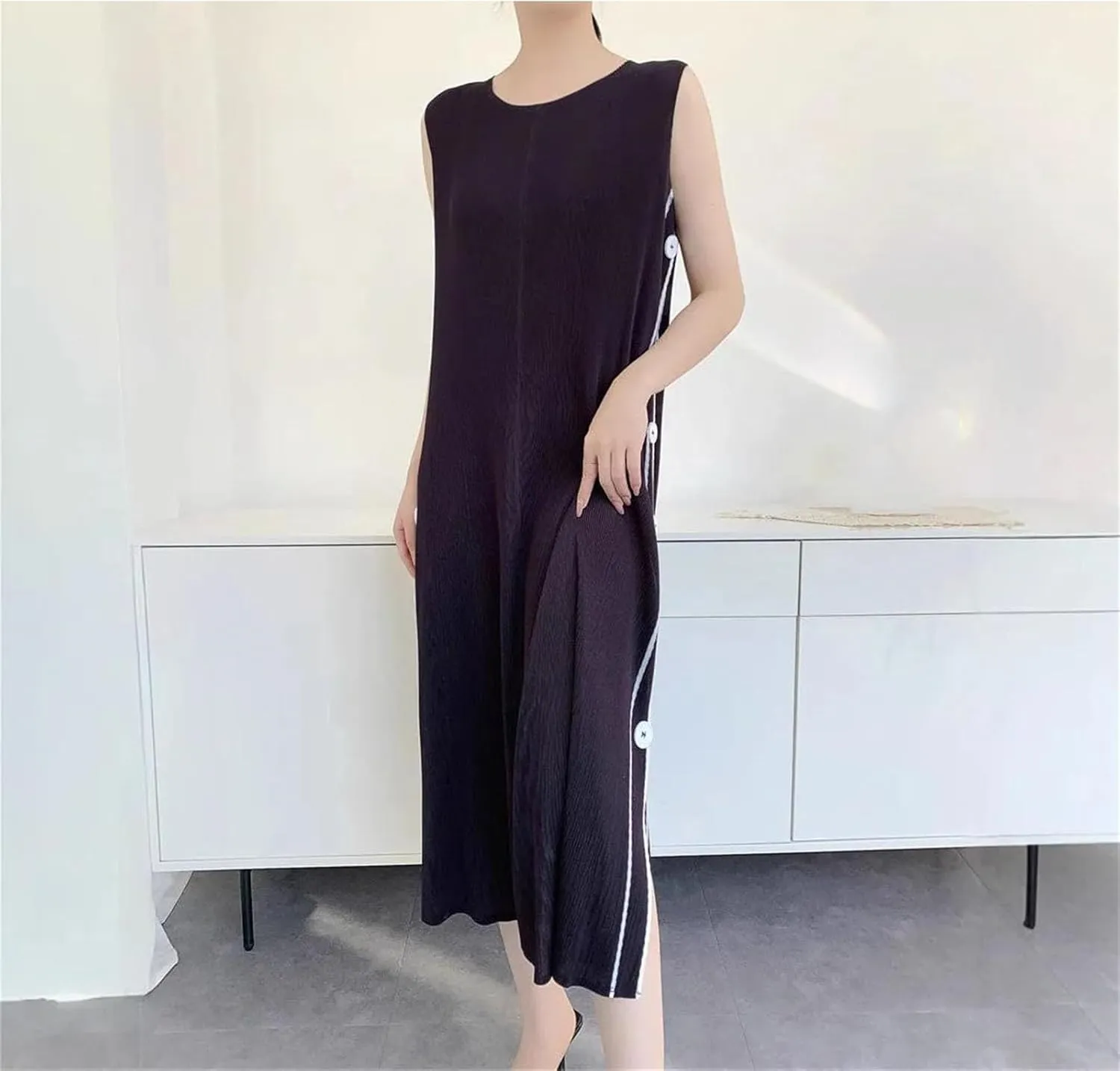 Women's Long Dress Elegant Pleated Skinny Printed Double-Side Buttons Sleeveless Vestidos