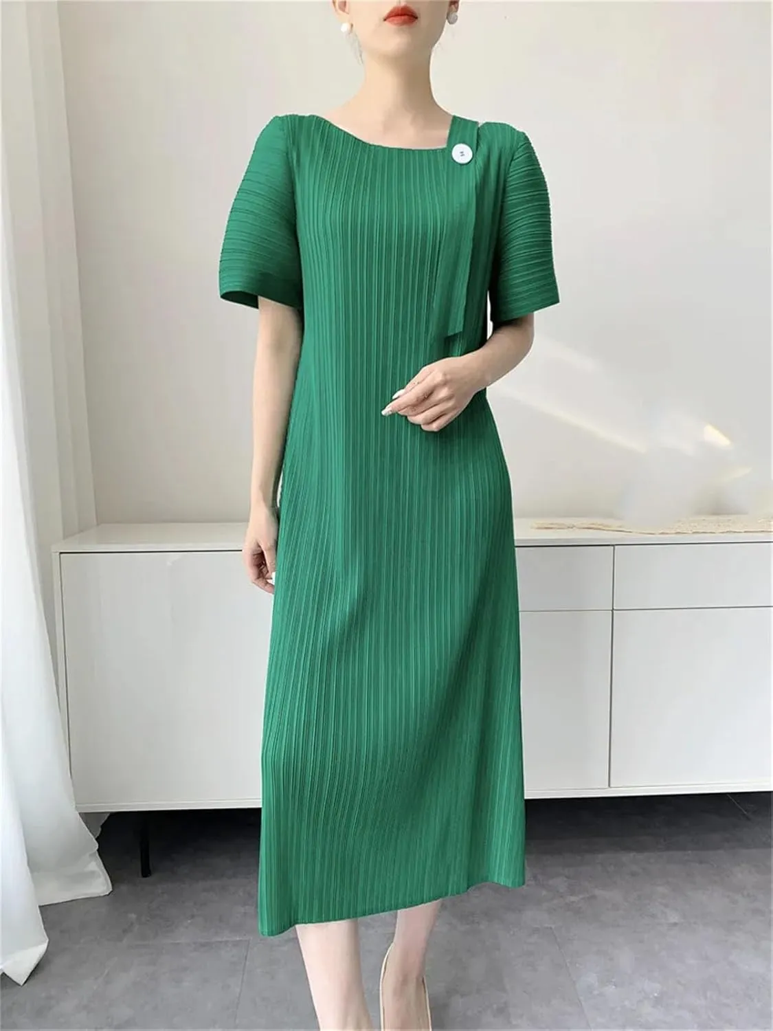 Women's Long Dress Elegant Short Sleeve Pleated Stripes Button Shoulder Straps Vestidos