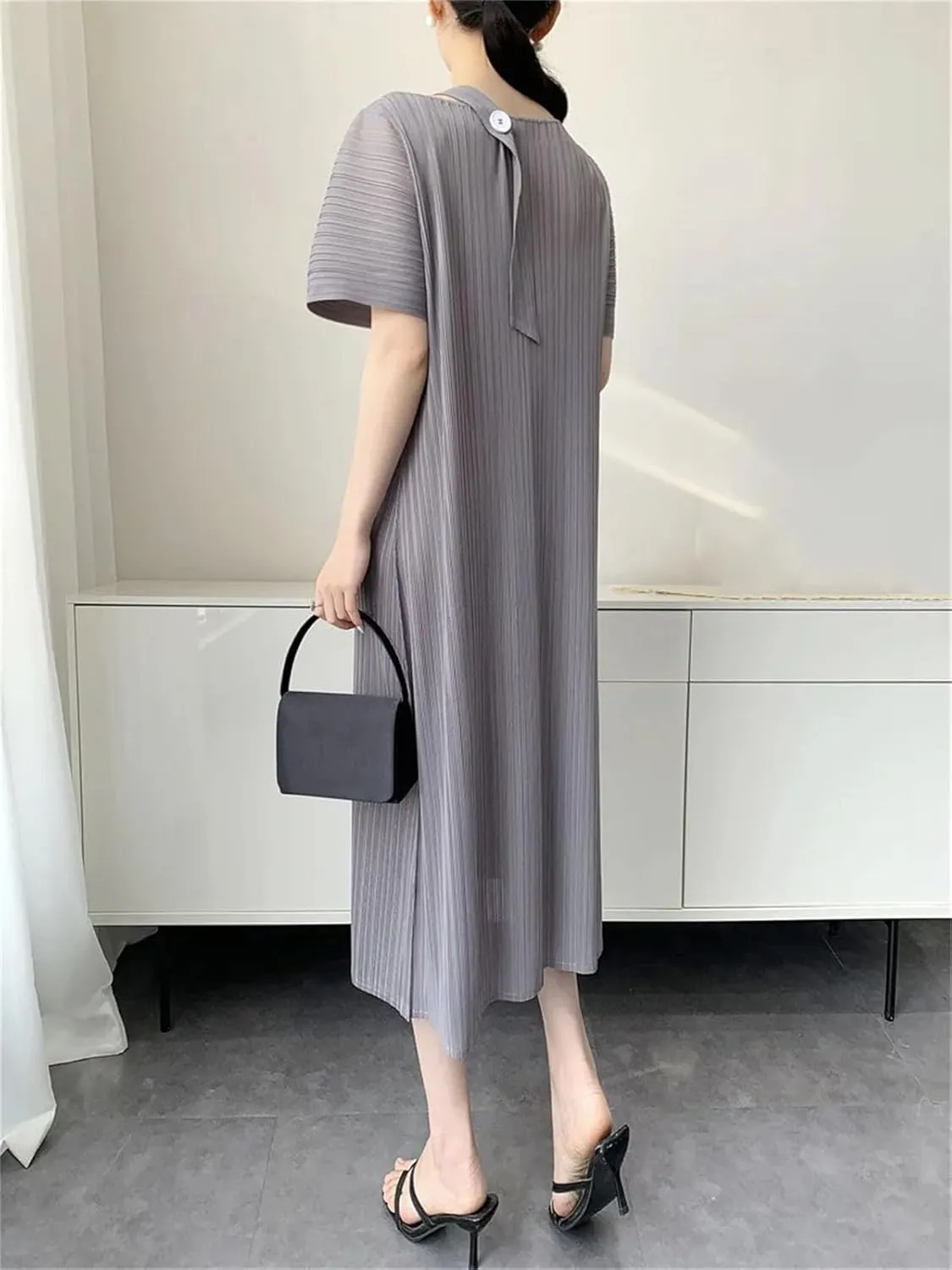 Women's Long Dress Elegant Short Sleeve Pleated Stripes Button Shoulder Straps Vestidos