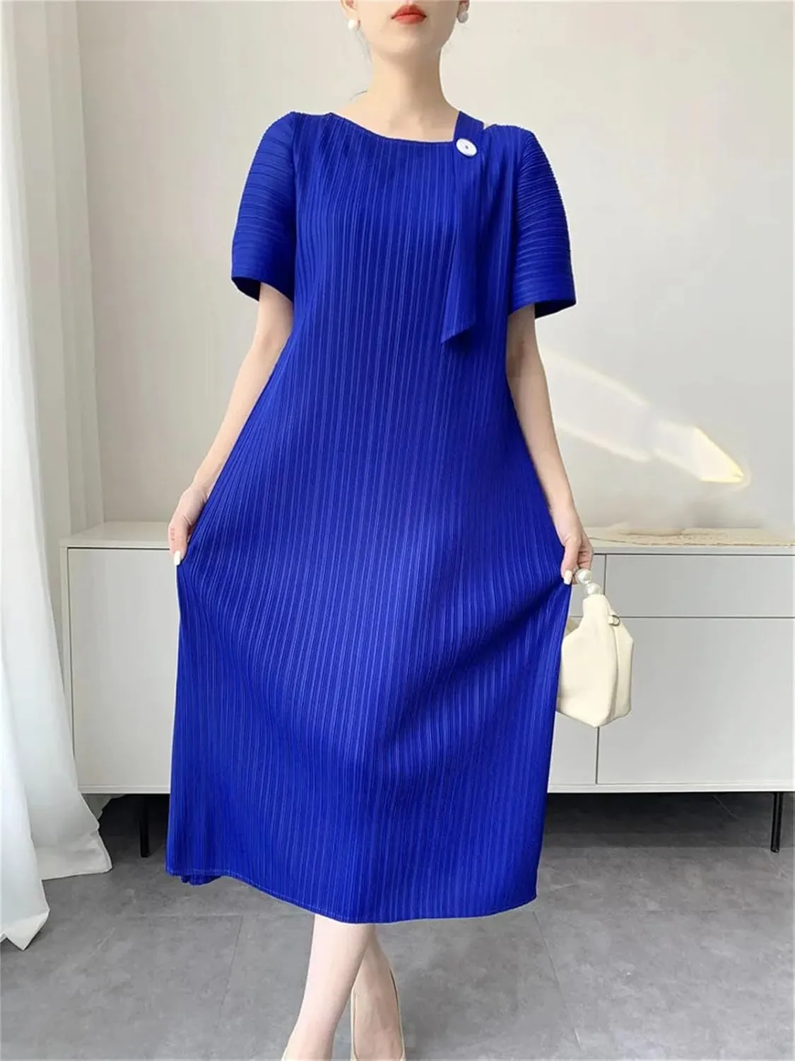 Women's Long Dress Elegant Short Sleeve Pleated Stripes Button Shoulder Straps Vestidos
