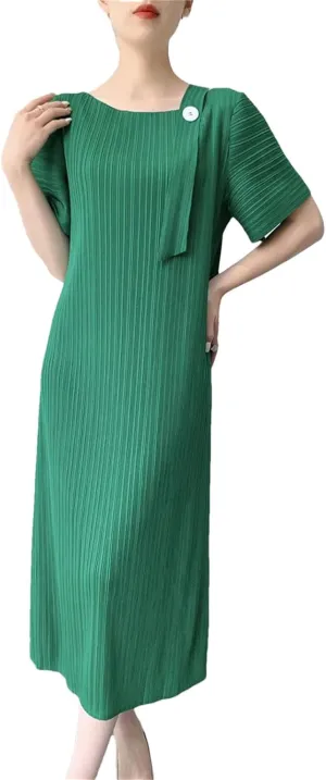 Women's Long Dress Elegant Short Sleeve Pleated Stripes Button Shoulder Straps Vestidos