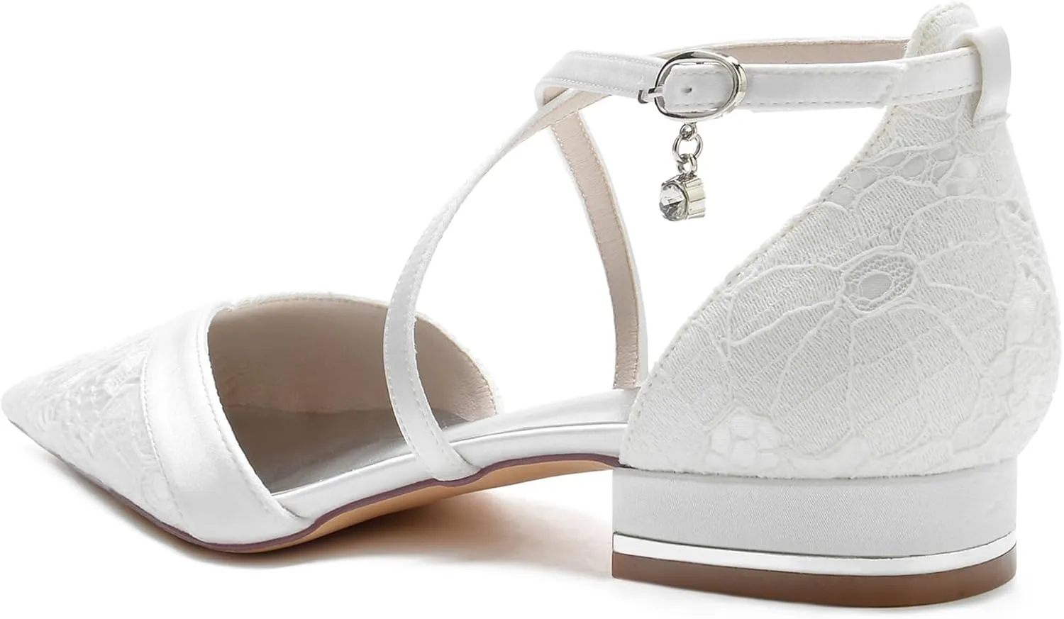 Women's Low Heel Bridal Lace Sandals Pointed Toe Wedding Shoes Crisscross Ankle Strap Buckle Shoes