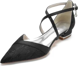 Women's Low Heel Bridal Lace Sandals Pointed Toe Wedding Shoes Crisscross Ankle Strap Buckle Shoes