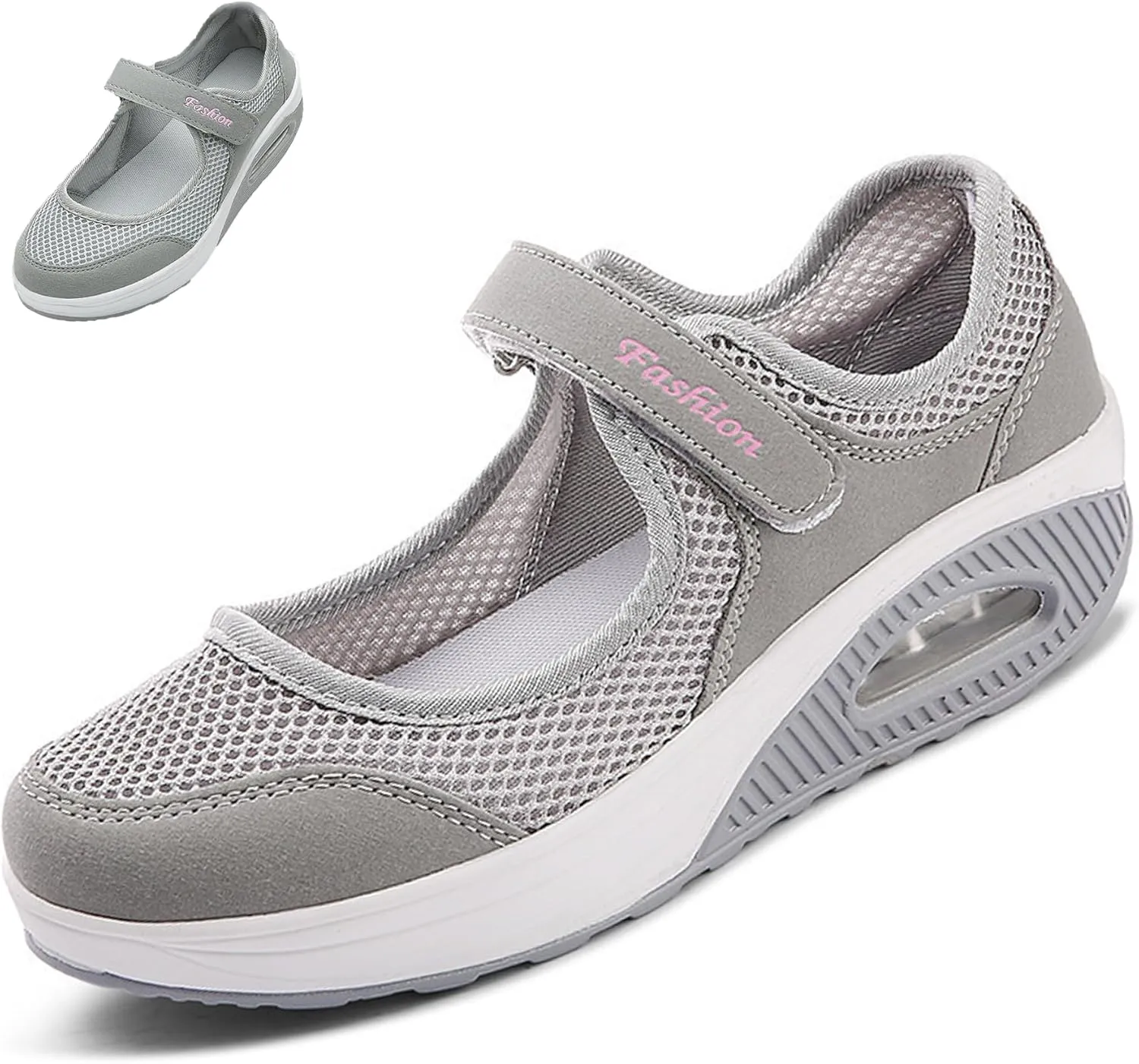 Women's Mesh Air Cushion Adjustable Nurse Shoes Comfortable Hollow Breathable Working Orthotic Wedges Mary Jane Lightweight Out Granny Non-Slip Walking Shoe