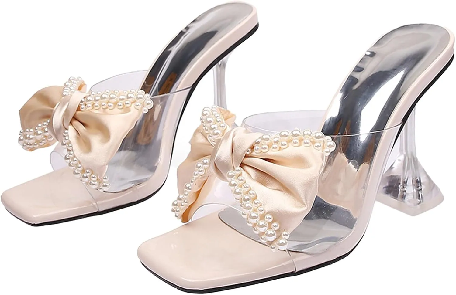 Women's Pearl Bow Square Toe Stiletto Heels Sandals,Square Toe Open Toes Slipper Slip On Dress Kitten High Heels