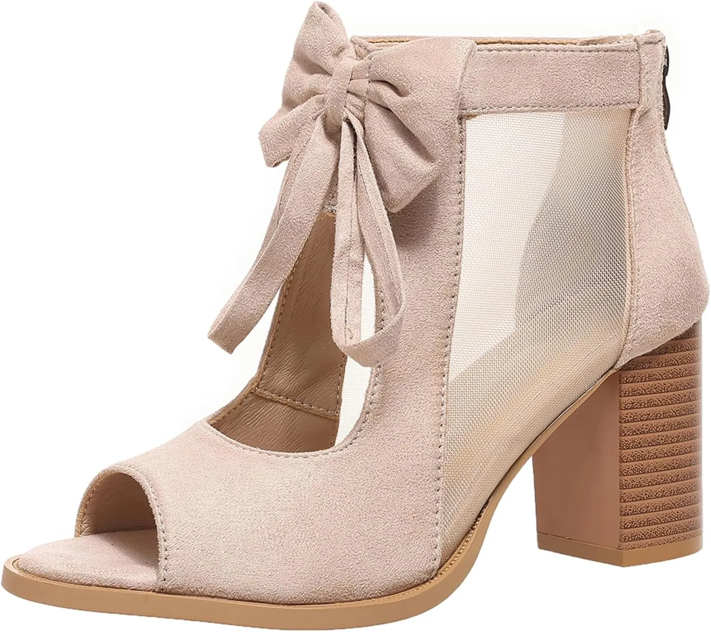 Women's Peep Toe Cutout Sandals Bowknot Mesh Chunky High Heel Sandals Back Zipper Wedding Party Dressy Ankle Booties