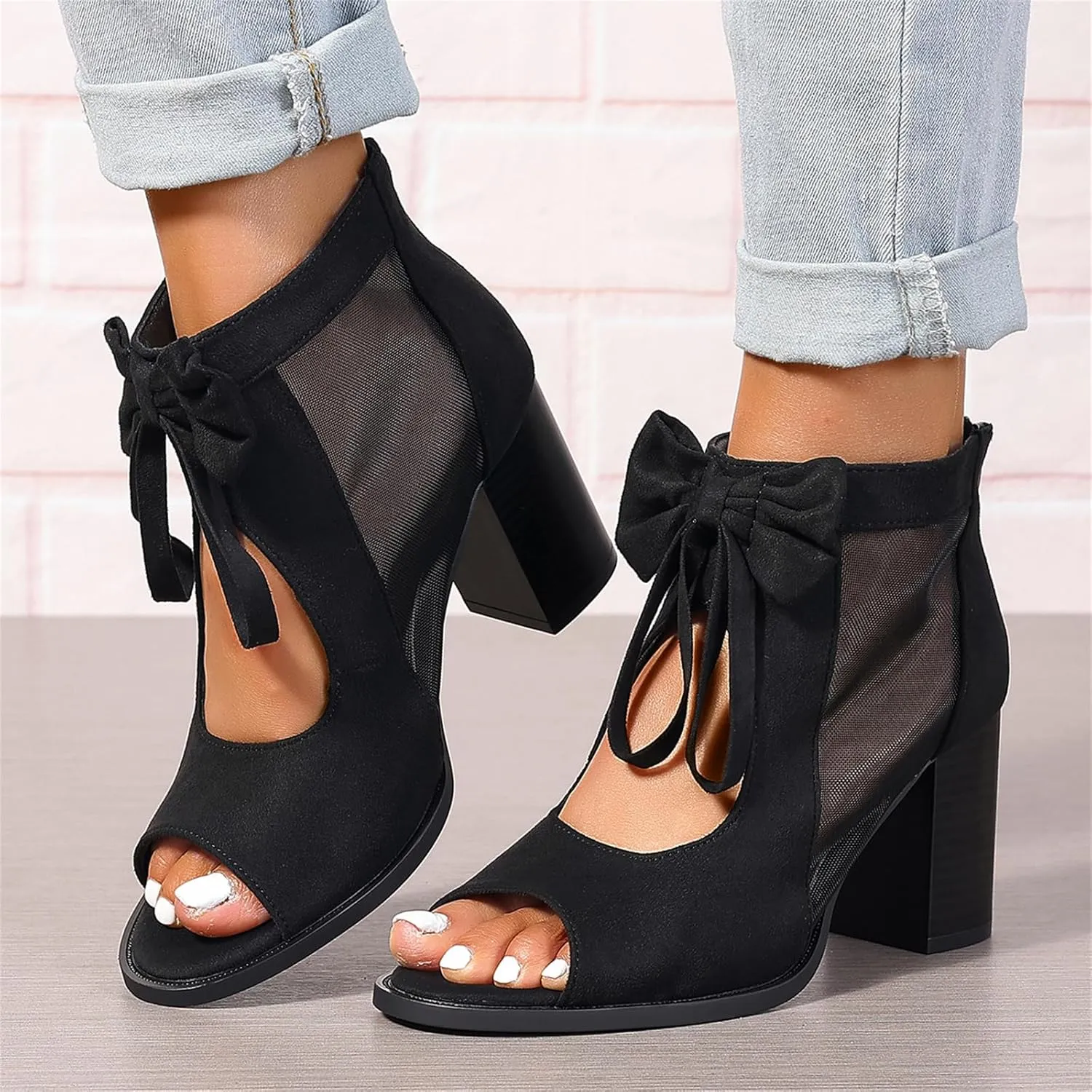Women's Peep Toe Cutout Sandals Bowknot Mesh Chunky High Heel Sandals Back Zipper Wedding Party Dressy Ankle Booties