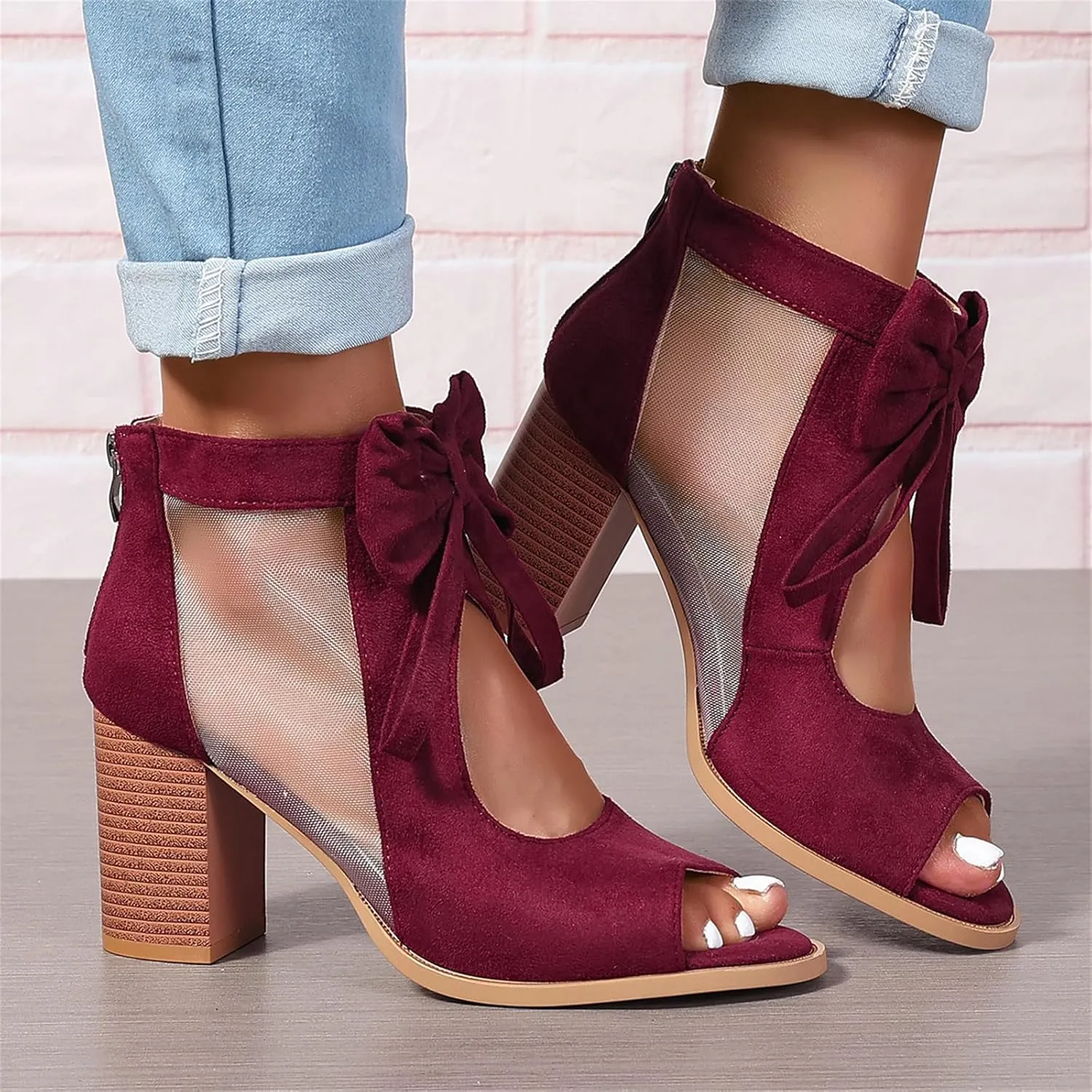 Women's Peep Toe Cutout Sandals Bowknot Mesh Chunky High Heel Sandals Back Zipper Wedding Party Dressy Ankle Booties