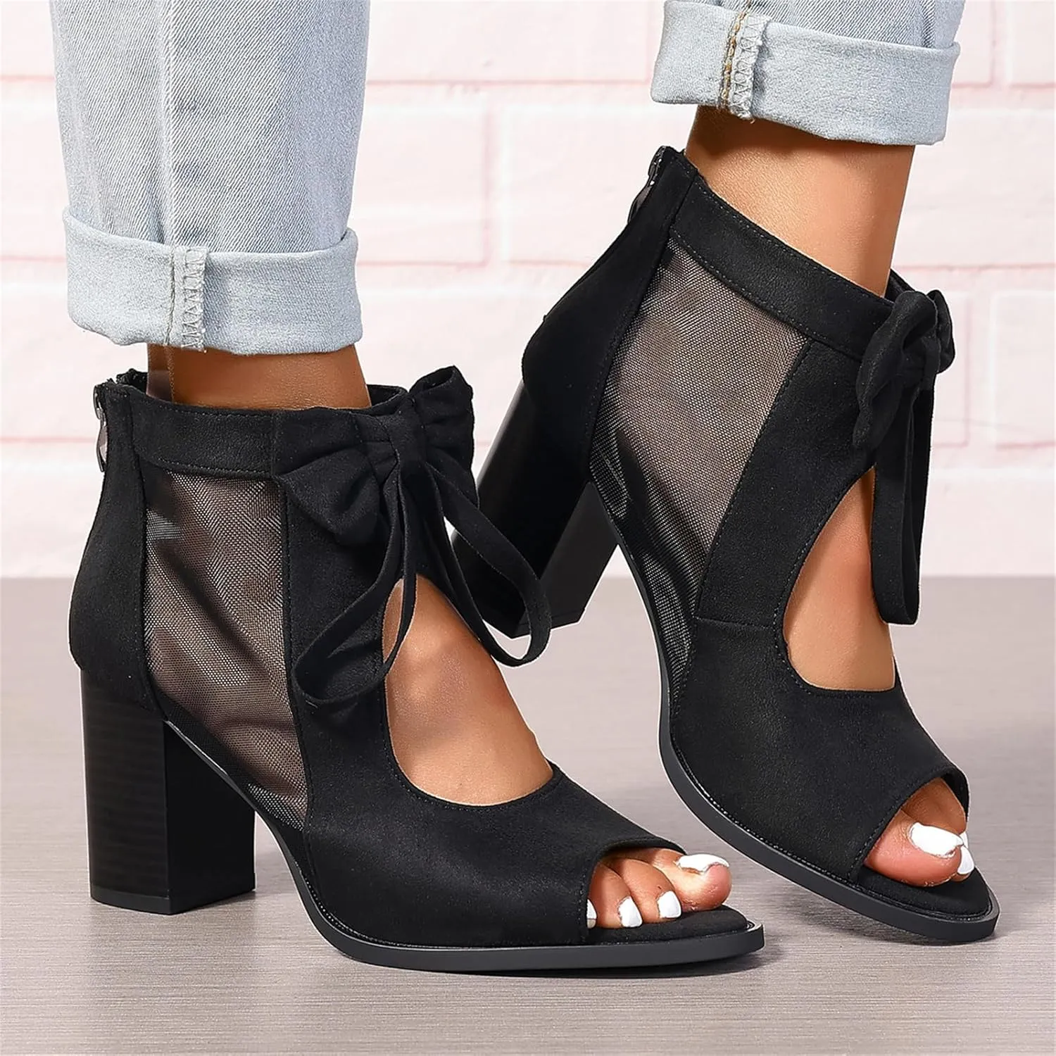 Women's Peep Toe Cutout Sandals Bowknot Mesh Chunky High Heel Sandals Back Zipper Wedding Party Dressy Ankle Booties