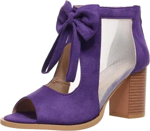 Women's Peep Toe Cutout Sandals Bowknot Mesh Chunky High Heel Sandals Back Zipper Wedding Party Dressy Ankle Booties