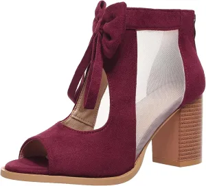 Women's Peep Toe Cutout Sandals Bowknot Mesh Chunky High Heel Sandals Back Zipper Wedding Party Dressy Ankle Booties