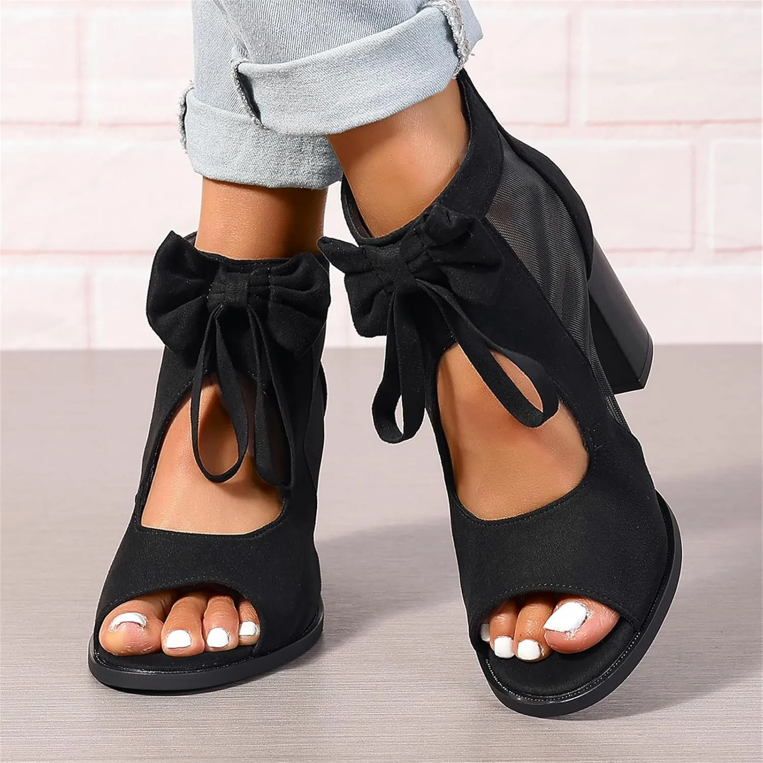Women's Peep Toe Cutout Sandals Bowknot Mesh Chunky High Heel Sandals Back Zipper Wedding Party Dressy Ankle Booties