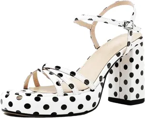 Women's Pink Leather Platform Sandals, Square High Heels Concise Design White Black Dots Summer Creeper