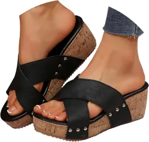 Women's Platform & Wedge Sandals,Wedge Sandals For Women Wedges Heels Comfortable Open Toe Cork Thick Sole Comfy Orthopedic Leather Sandal Slip-on Summer Casual Ladies Shoes for Daily Wear