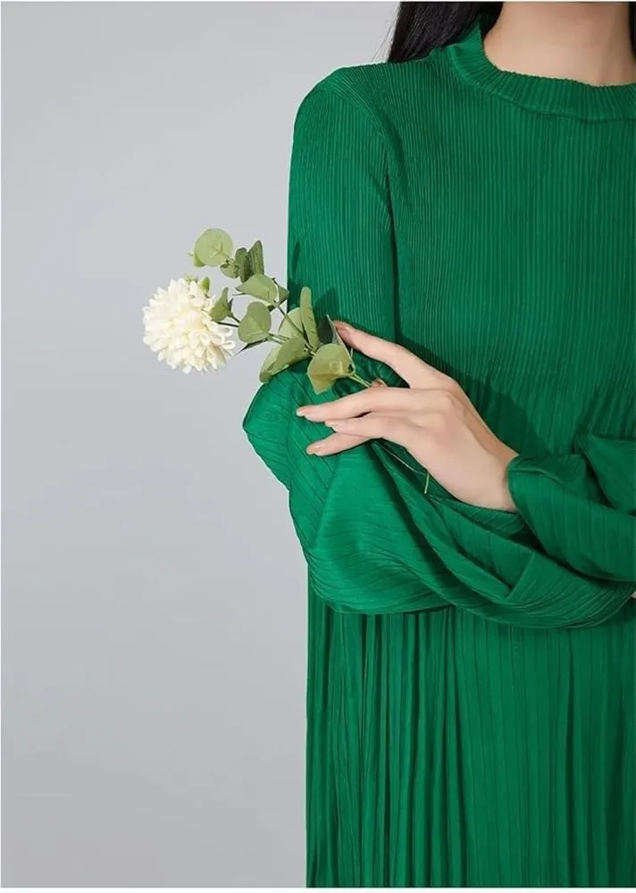 Women's Pleated Midi Dress Long Sleeve Crew Neck Solid Color Elegant Casual Party Wear