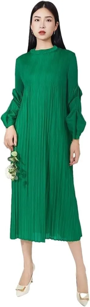 Women's Pleated Midi Dress Long Sleeve Crew Neck Solid Color Elegant Casual Party Wear