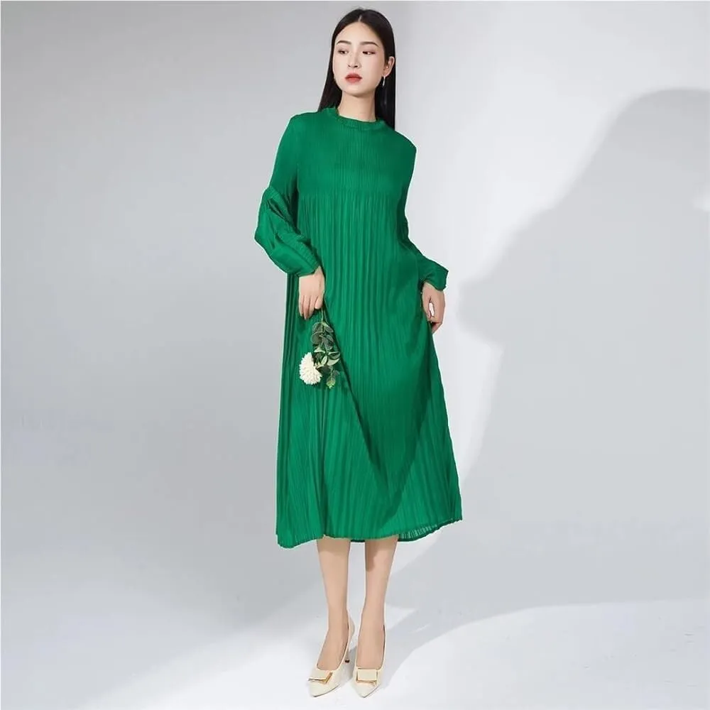 Women's Pleated Midi Dress Long Sleeve Crew Neck Solid Color Elegant Casual Party Wear