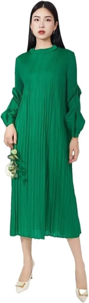 Women's Pleated Midi Dress Long Sleeve Crew Neck Solid Color Elegant Casual Party Wear