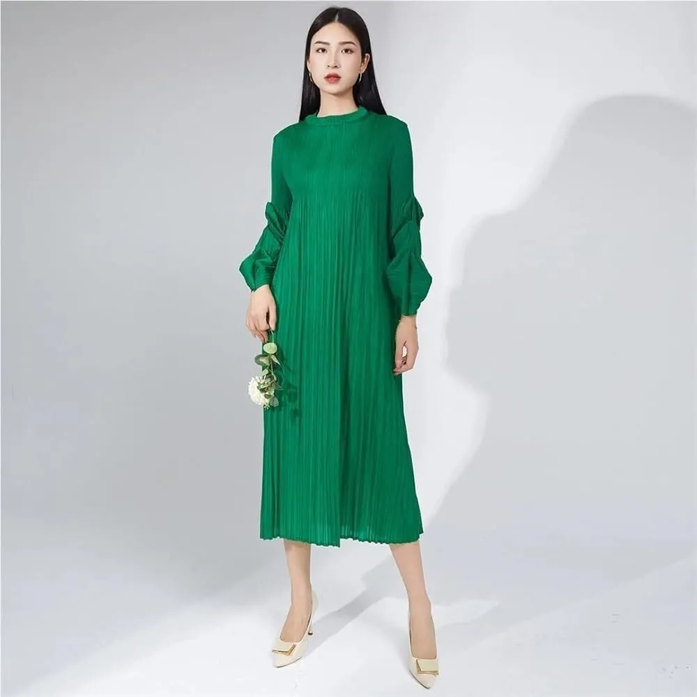 Women's Pleated Midi Dress Long Sleeve Crew Neck Solid Color Elegant Casual Party Wear