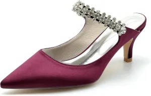 Women's Pointed Satin Rhinestone Prom Party Dress Pumps Closed Bridal Dress Heeled Sandals Wedding Shoes Slingback
