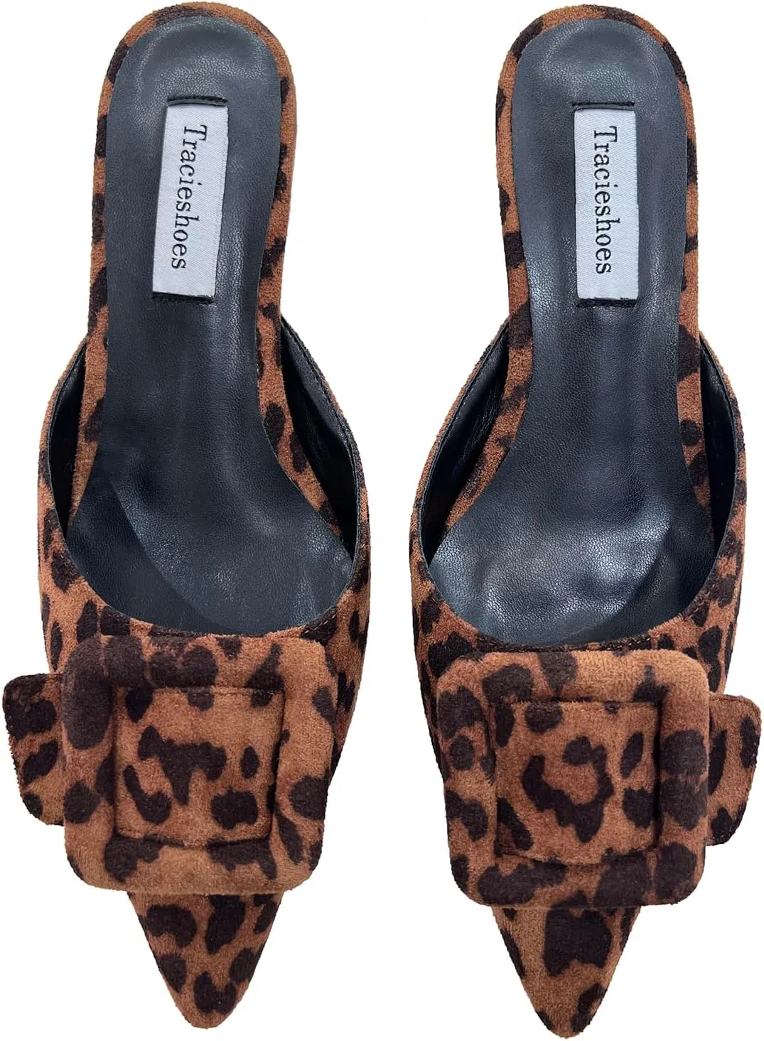 Women's Pointed Toe Kitten Heel Mules 2 Inch Slip-On Backless Slippers with Square Buckle Dress Sandals