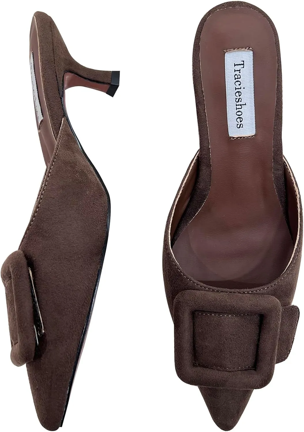 Women's Pointed Toe Kitten Heel Mules 2 Inch Slip-On Backless Slippers with Square Buckle Dress Sandals
