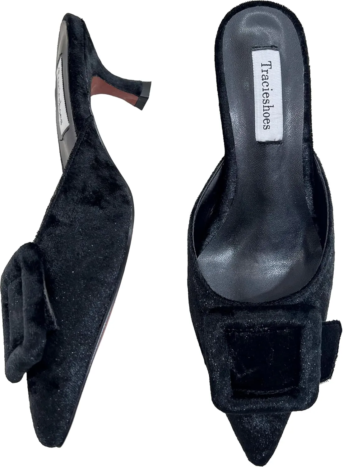Women's Pointed Toe Kitten Heel Mules 2 Inch Slip-On Backless Slippers with Square Buckle Dress Sandals