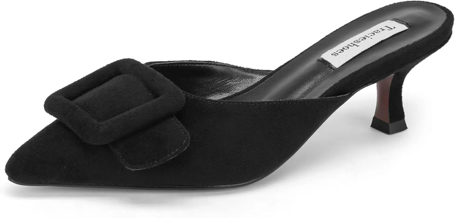 Women's Pointed Toe Kitten Heel Mules 2 Inch Slip-On Backless Slippers with Square Buckle Dress Sandals