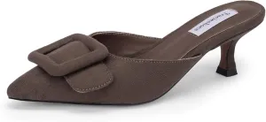 Women's Pointed Toe Kitten Heel Mules 2 Inch Slip-On Backless Slippers with Square Buckle Dress Sandals