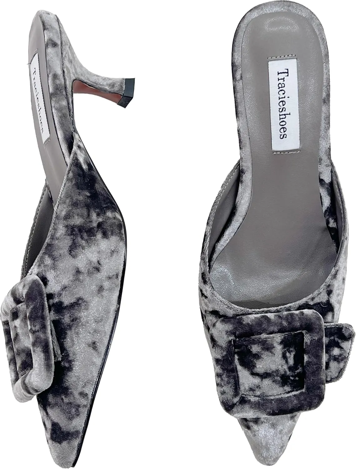 Women's Pointed Toe Kitten Heel Mules 2 Inch Slip-On Backless Slippers with Square Buckle Dress Sandals