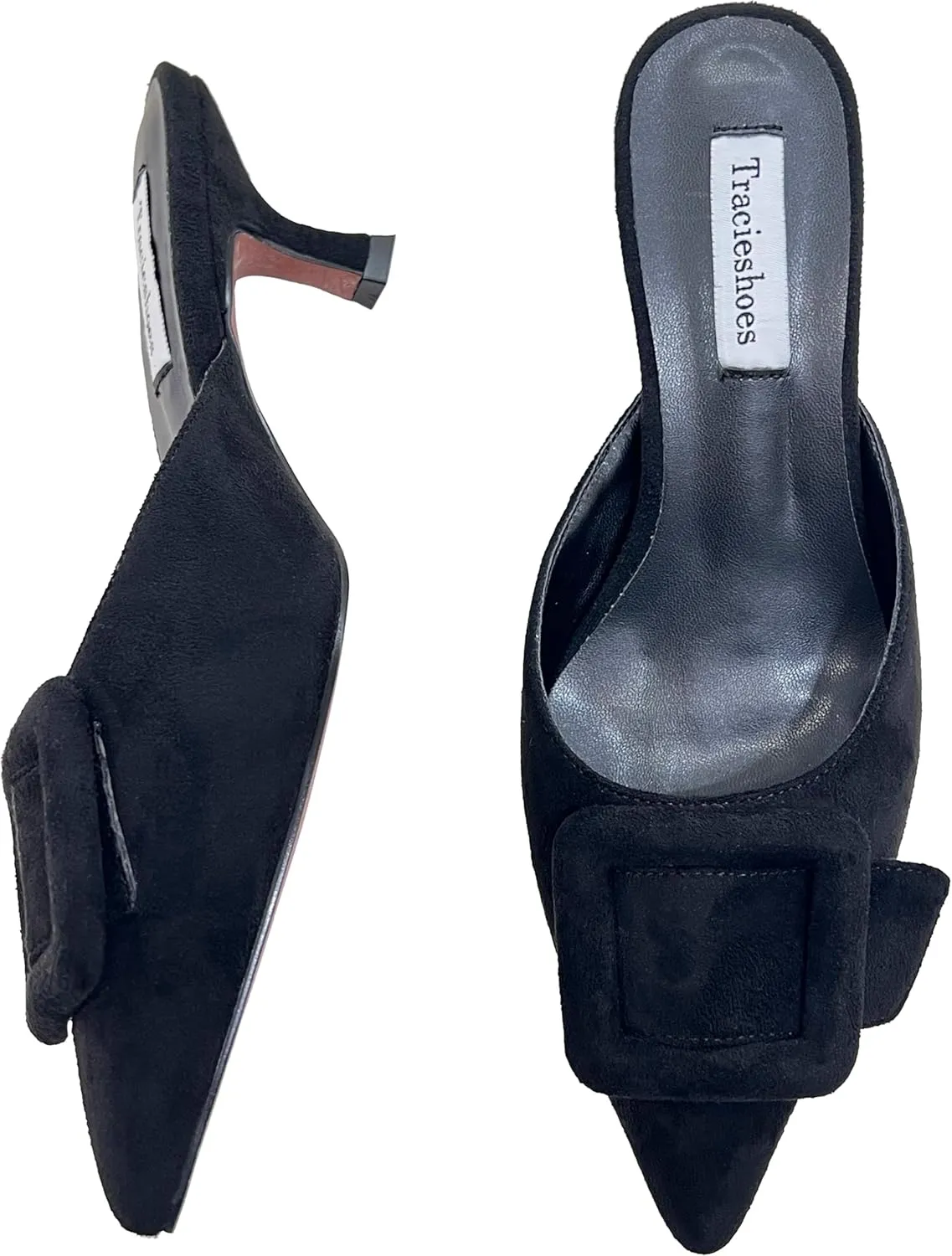 Women's Pointed Toe Kitten Heel Mules 2 Inch Slip-On Backless Slippers with Square Buckle Dress Sandals