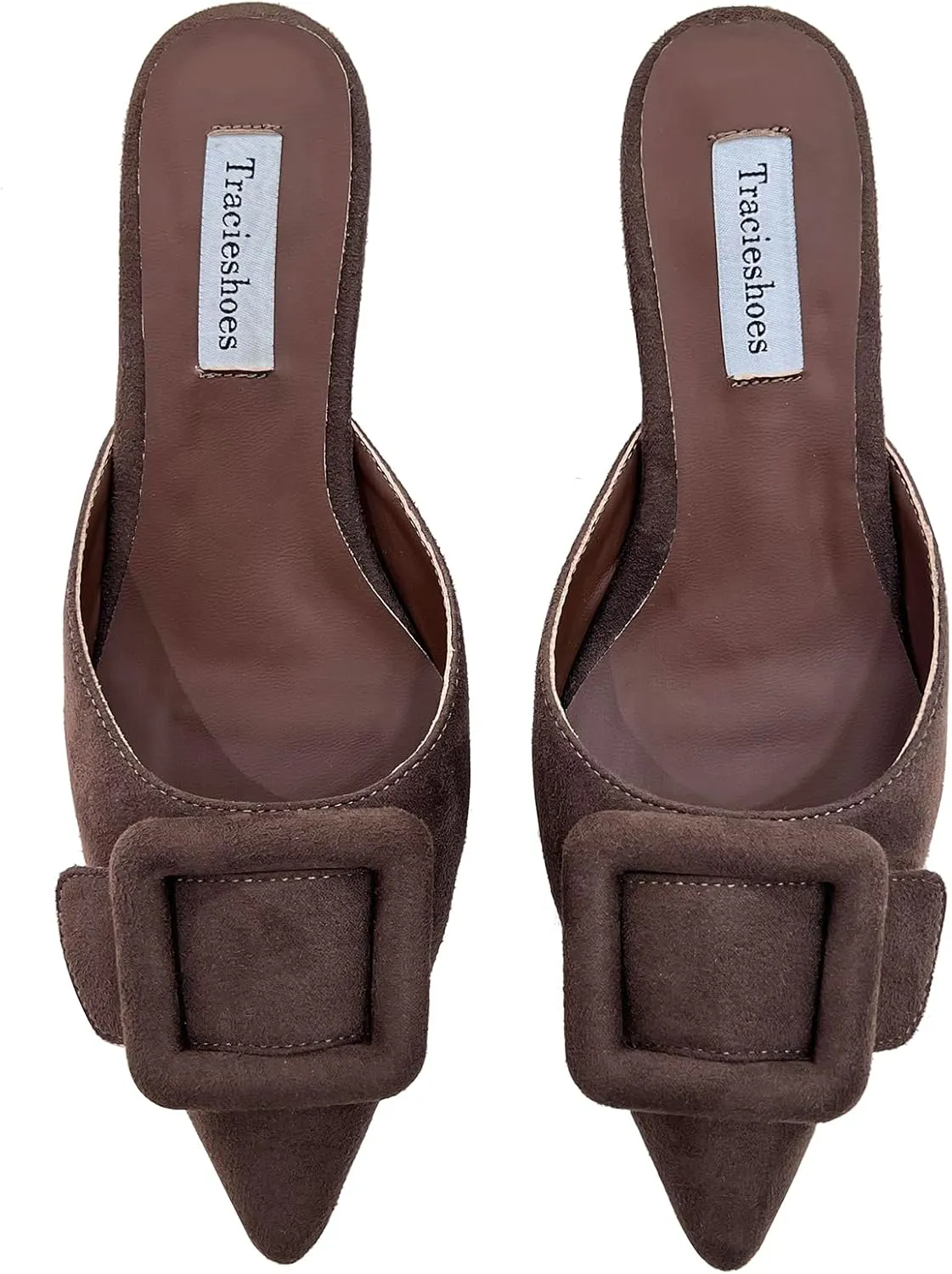 Women's Pointed Toe Kitten Heel Mules 2 Inch Slip-On Backless Slippers with Square Buckle Dress Sandals