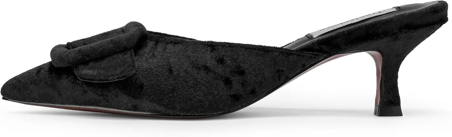 Women's Pointed Toe Kitten Heel Mules 2 Inch Slip-On Backless Slippers with Square Buckle Dress Sandals