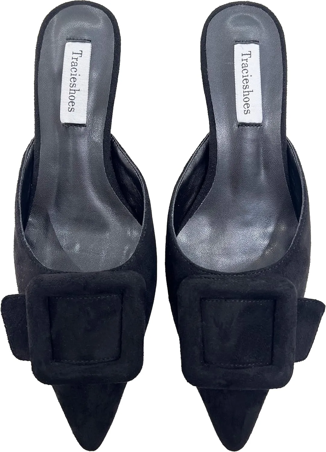 Women's Pointed Toe Kitten Heel Mules 2 Inch Slip-On Backless Slippers with Square Buckle Dress Sandals