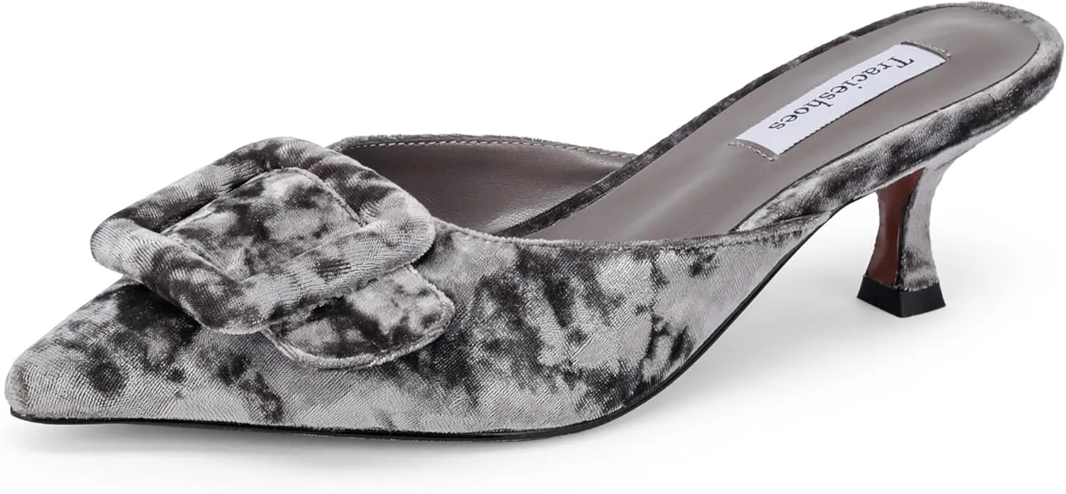 Women's Pointed Toe Kitten Heel Mules 2 Inch Slip-On Backless Slippers with Square Buckle Dress Sandals