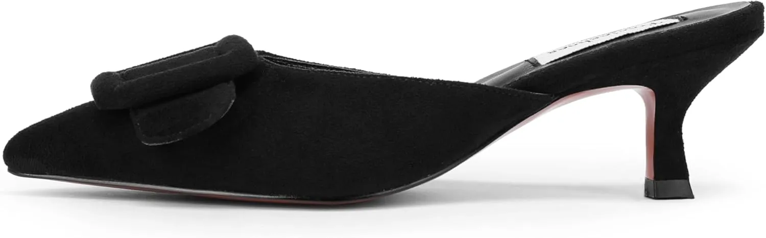Women's Pointed Toe Kitten Heel Mules 2 Inch Slip-On Backless Slippers with Square Buckle Dress Sandals